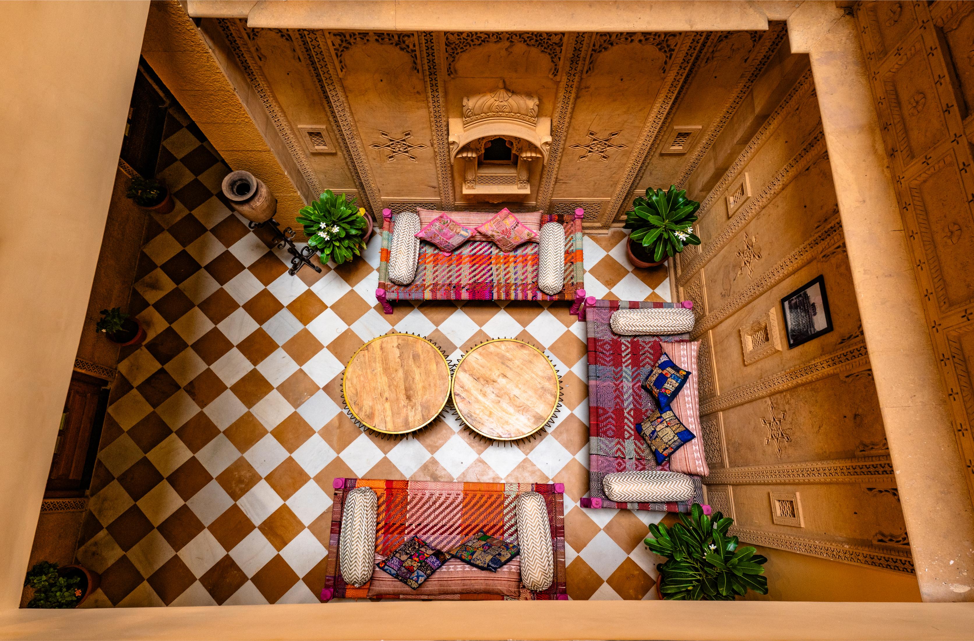 Hand-carved sandstone arches and Rajput architecture at Luxoria Jaisalmer